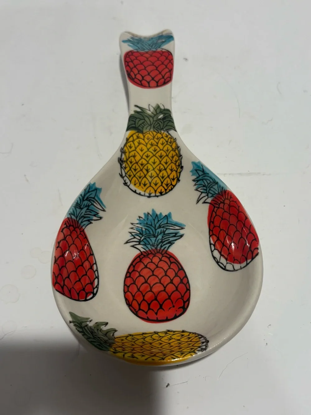 Signature Ceramic Spoon Rest with Red, Yellow and Blue Pineapple Motifs